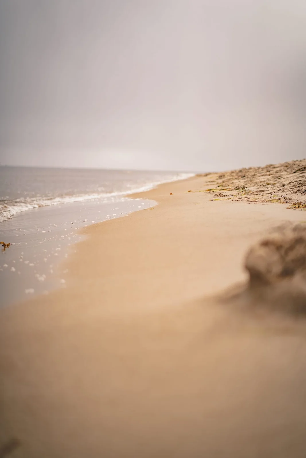 A pale sandy beach and distant water beneath a softly coloured sky.